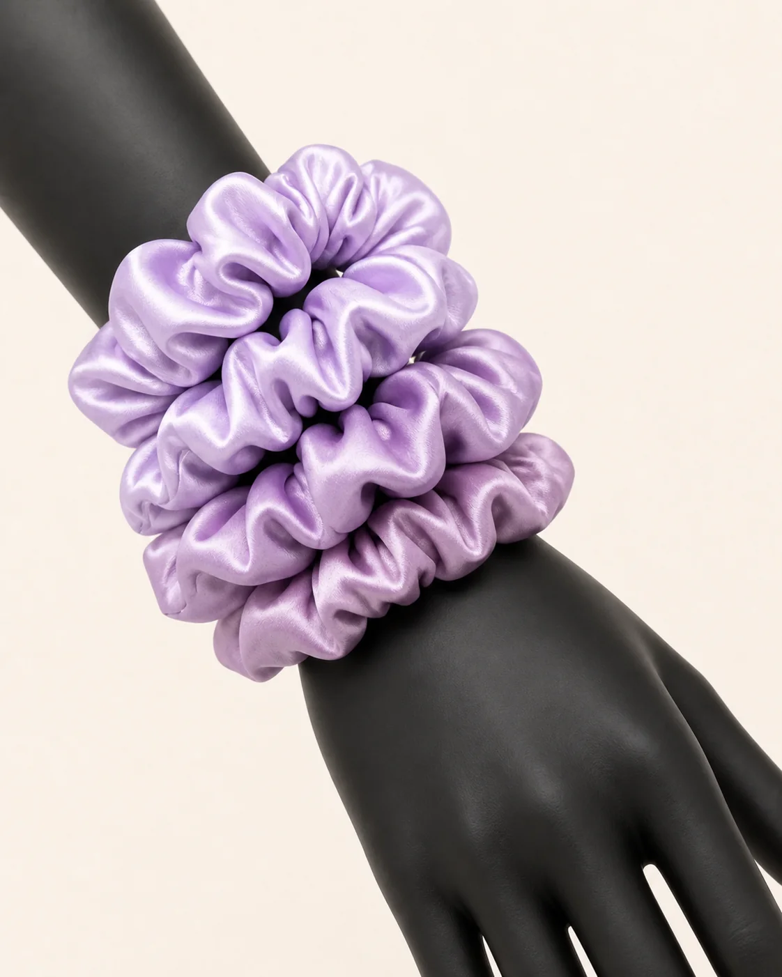 Lilac Satin Hair Scrunchie Set in a styled look