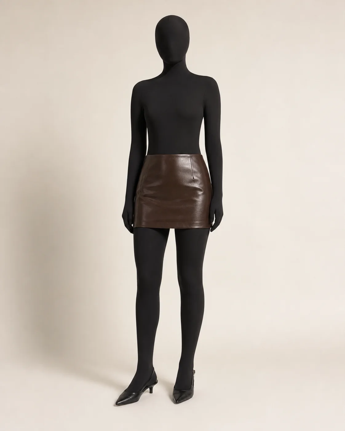 Chocolate Faux Leather Mini Skirt in a styled look
