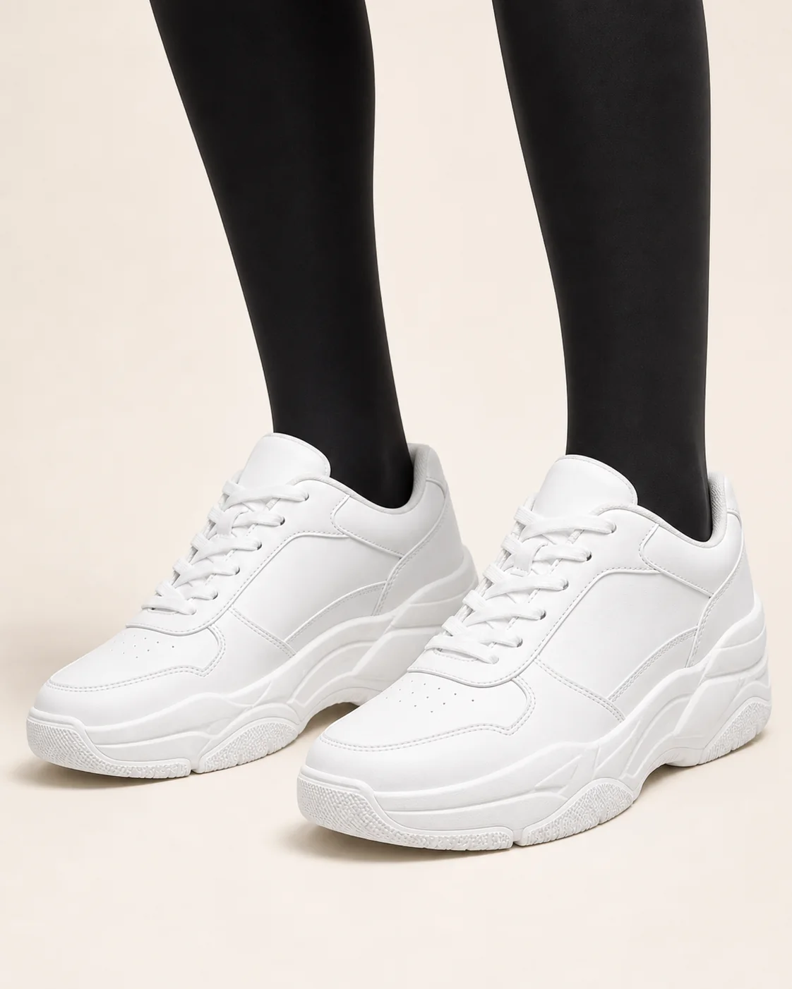 White Chunky Court Sneakers in a styled look