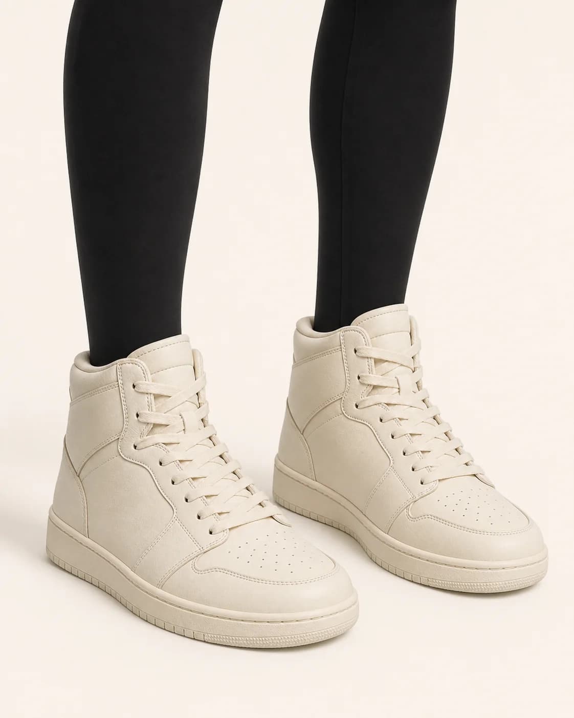 Cream High Top Sneakers in a styled look