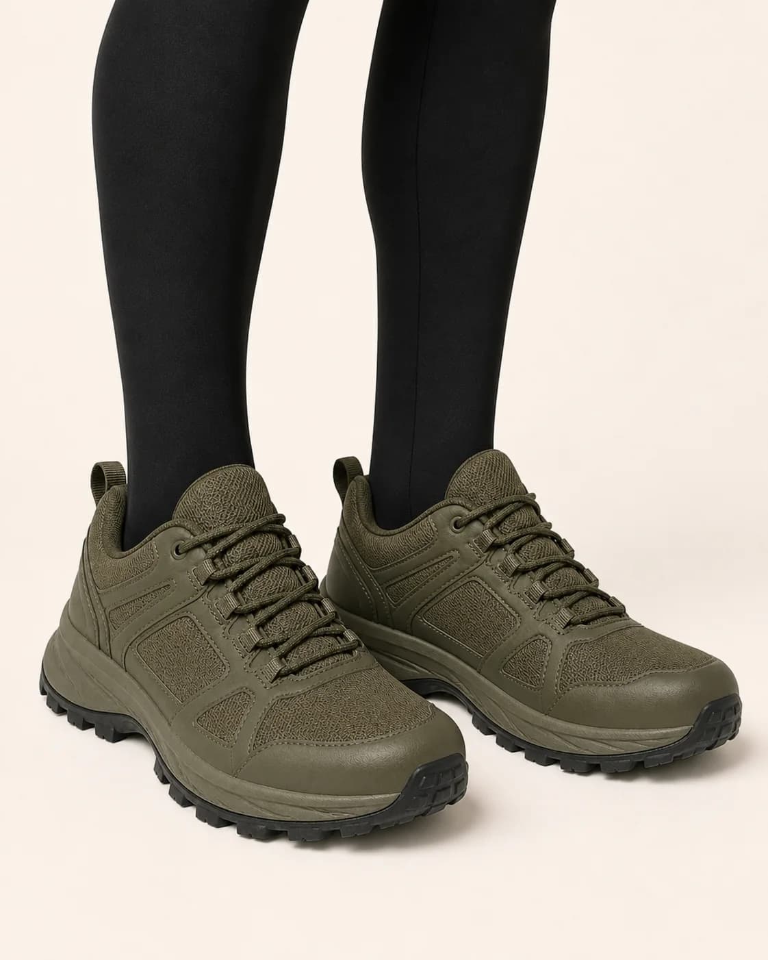 Olive Waterproof Trail Sneakers in a styled look