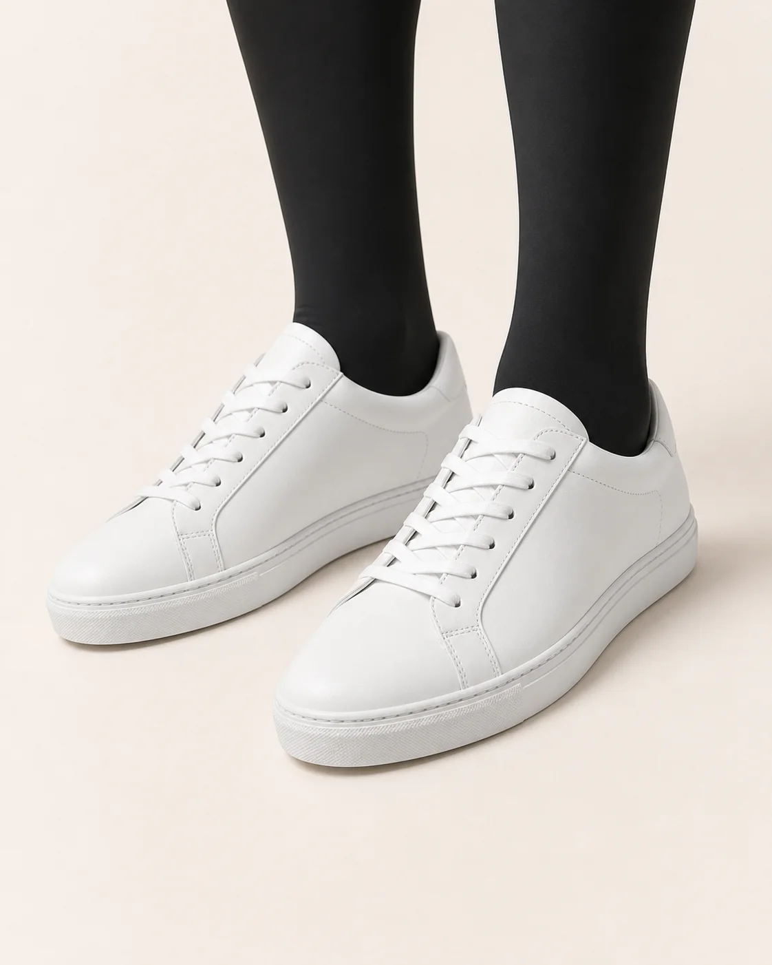 White Minimal Leather Sneakers in a styled look
