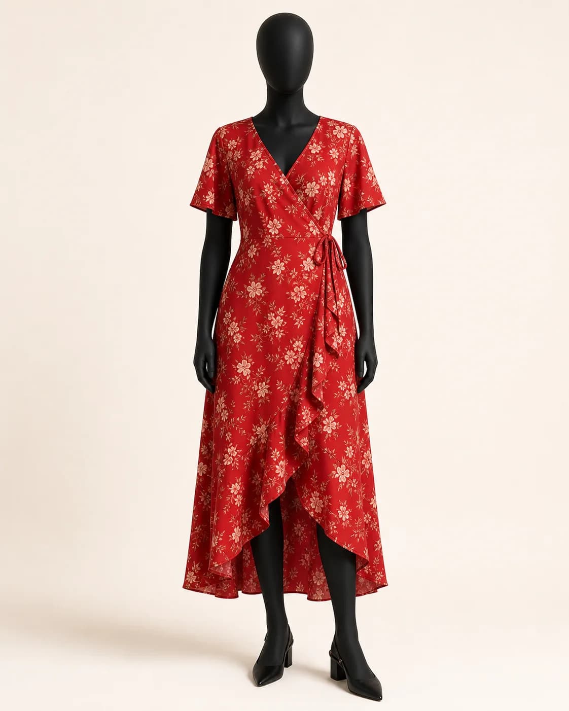 Red Floral Wrap Dress in a styled look