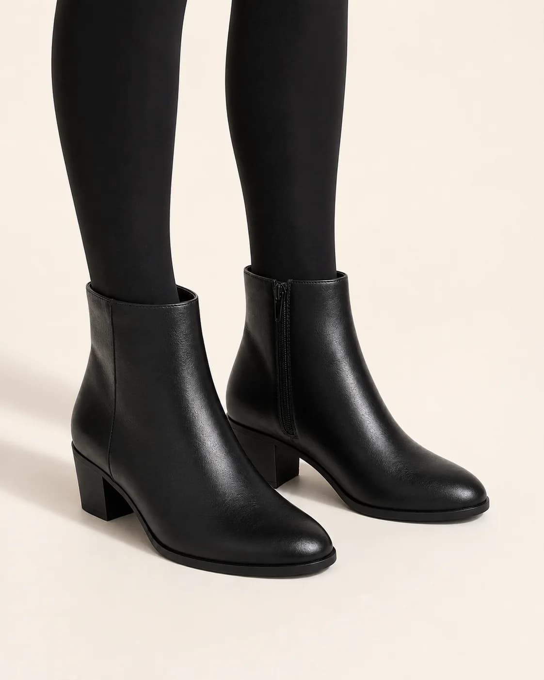 Black Leather Look Ankle Boots in a styled look